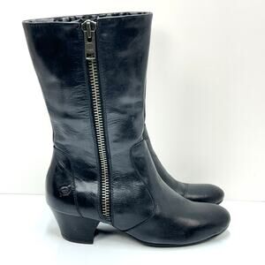 Born Black Leather Zip Mid Calf Boots Womens 7 Leopard Lining Style D06303